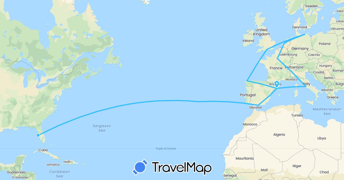 TravelMap itinerary: driving, boat in Germany, Spain, France, United Kingdom, Italy, Netherlands, Portugal, United States (Europe, North America)